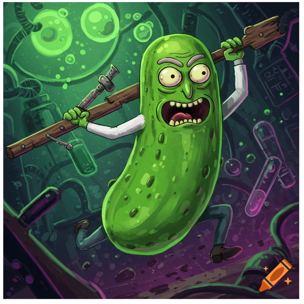 Pickle Rick holding a weapon in a lab setting.