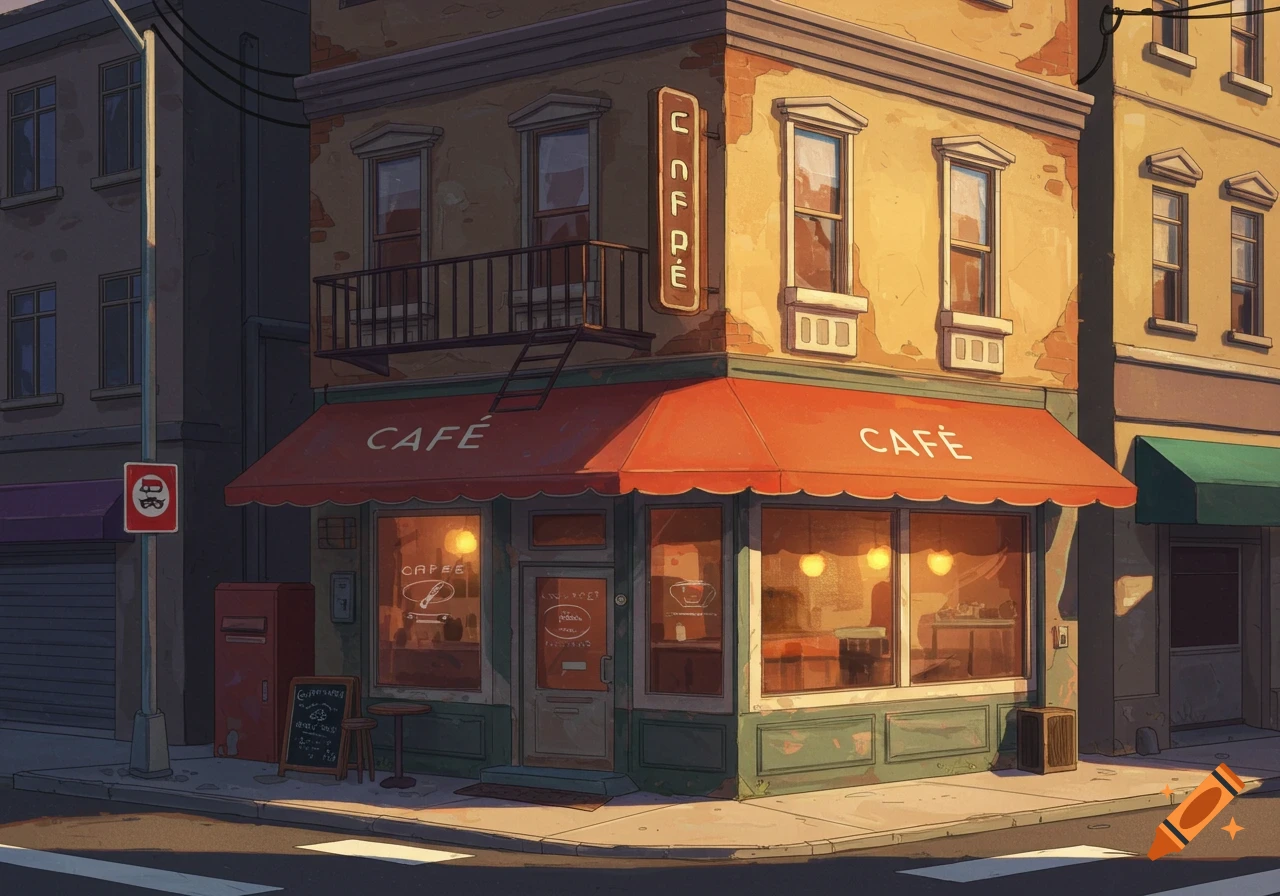Illustration of a corner cafe building with red awnings and signage in warm evening light.