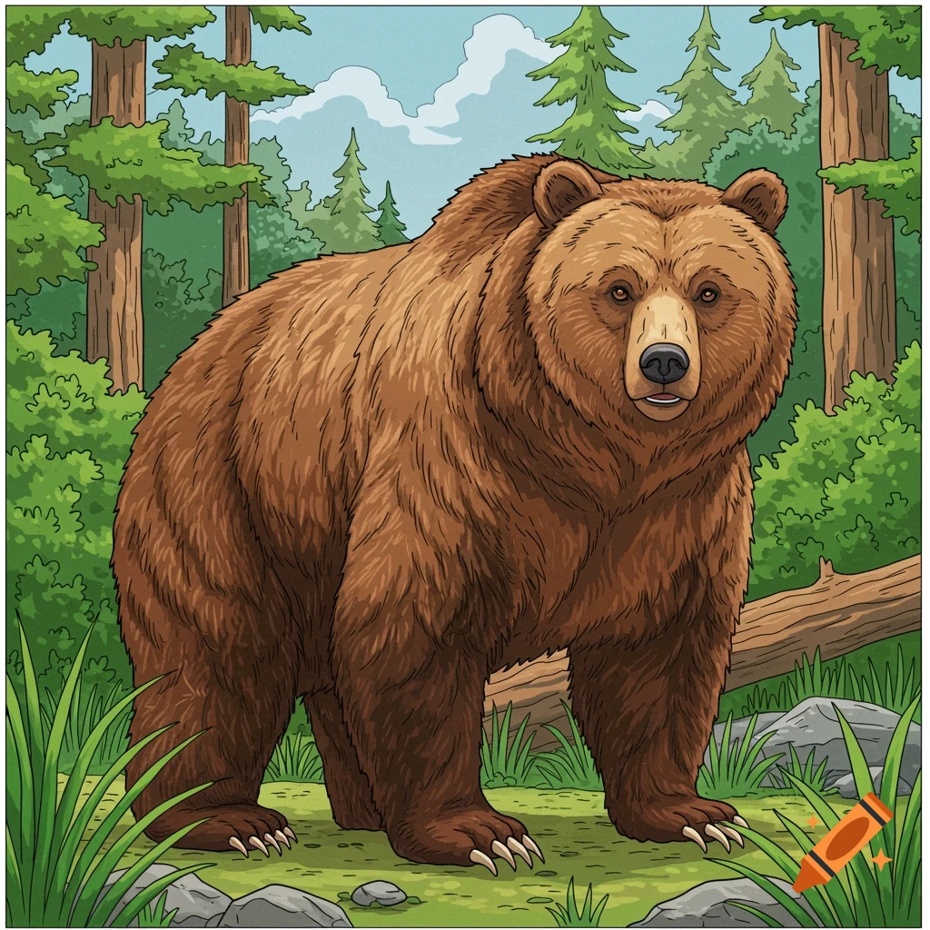 Cartoon style illustration of a grizzly bear standing in a forest.