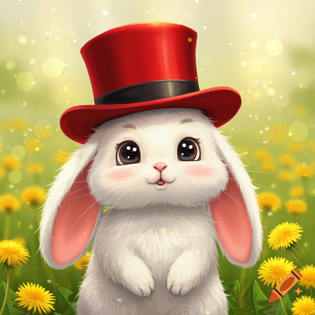Cute white rabbit wearing a red top hat in a field of yellow flowers.