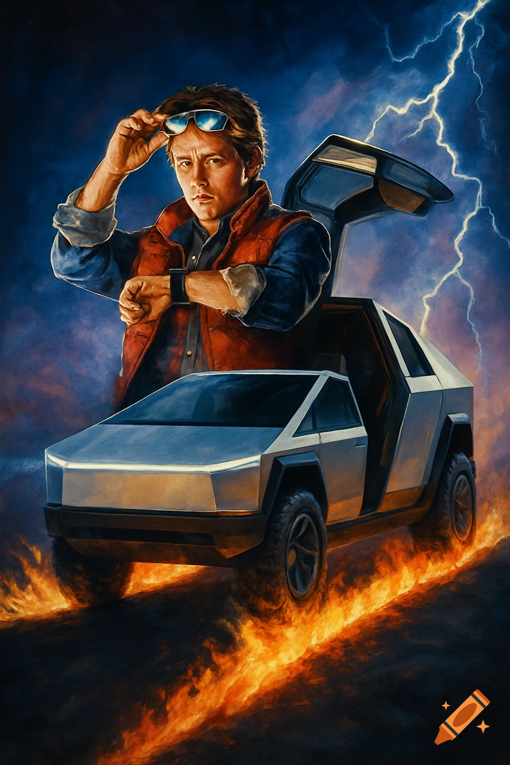 Movie poster style illustration of a character like Marty McFly with a Cybertruck, lightning and fire trails.