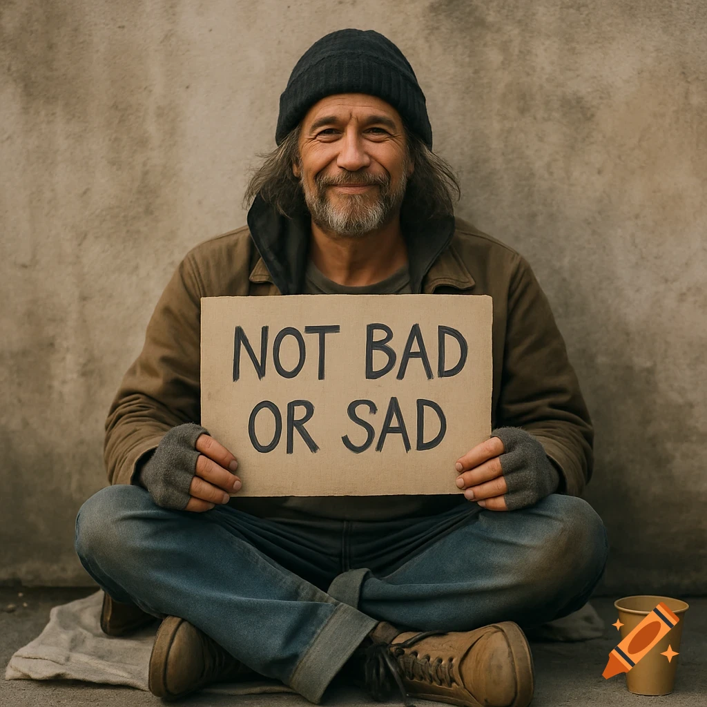 Photorealistic image of a homeless man sitting on the ground holding a sign that reads NOT BAD OR SAD.