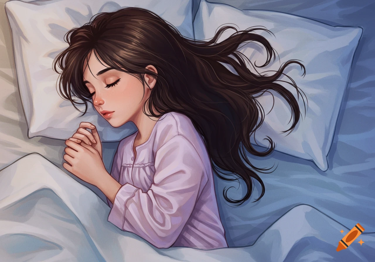 An illustration of a young woman sleeping peacefully in bed.