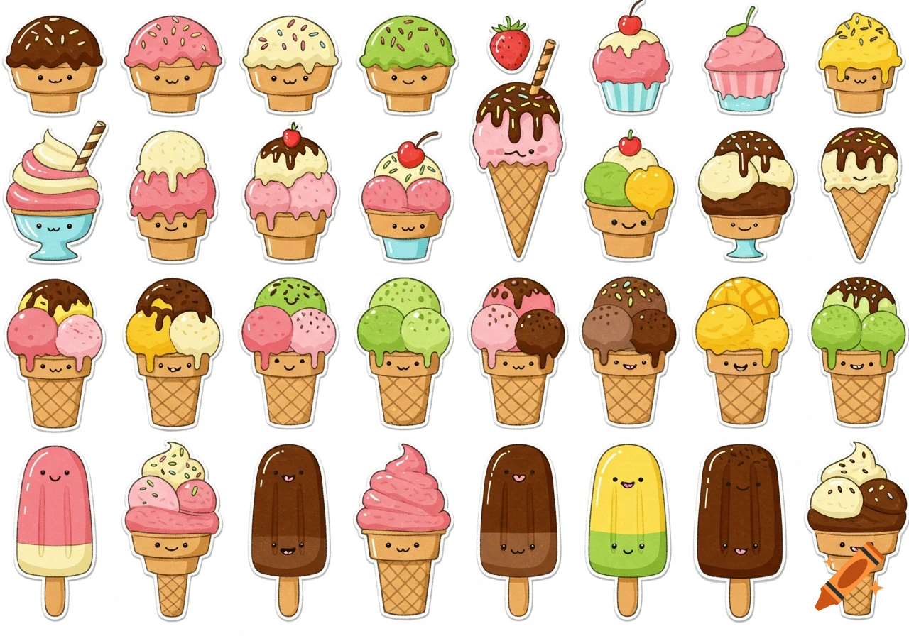 A collection of cartoon ice cream cones, cups, and popsicles with smiling faces, in a clip art style.