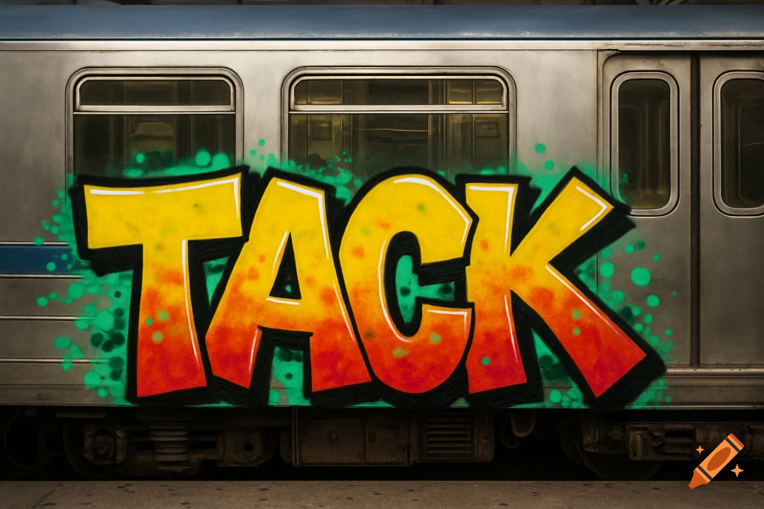 Close-up of a metro train with large, colorful graffiti spelling 'TACK' painted on the side.