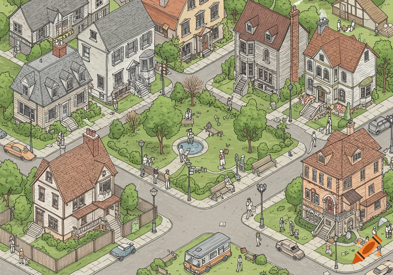 Isometric line art drawing of a park in a neighborhood.