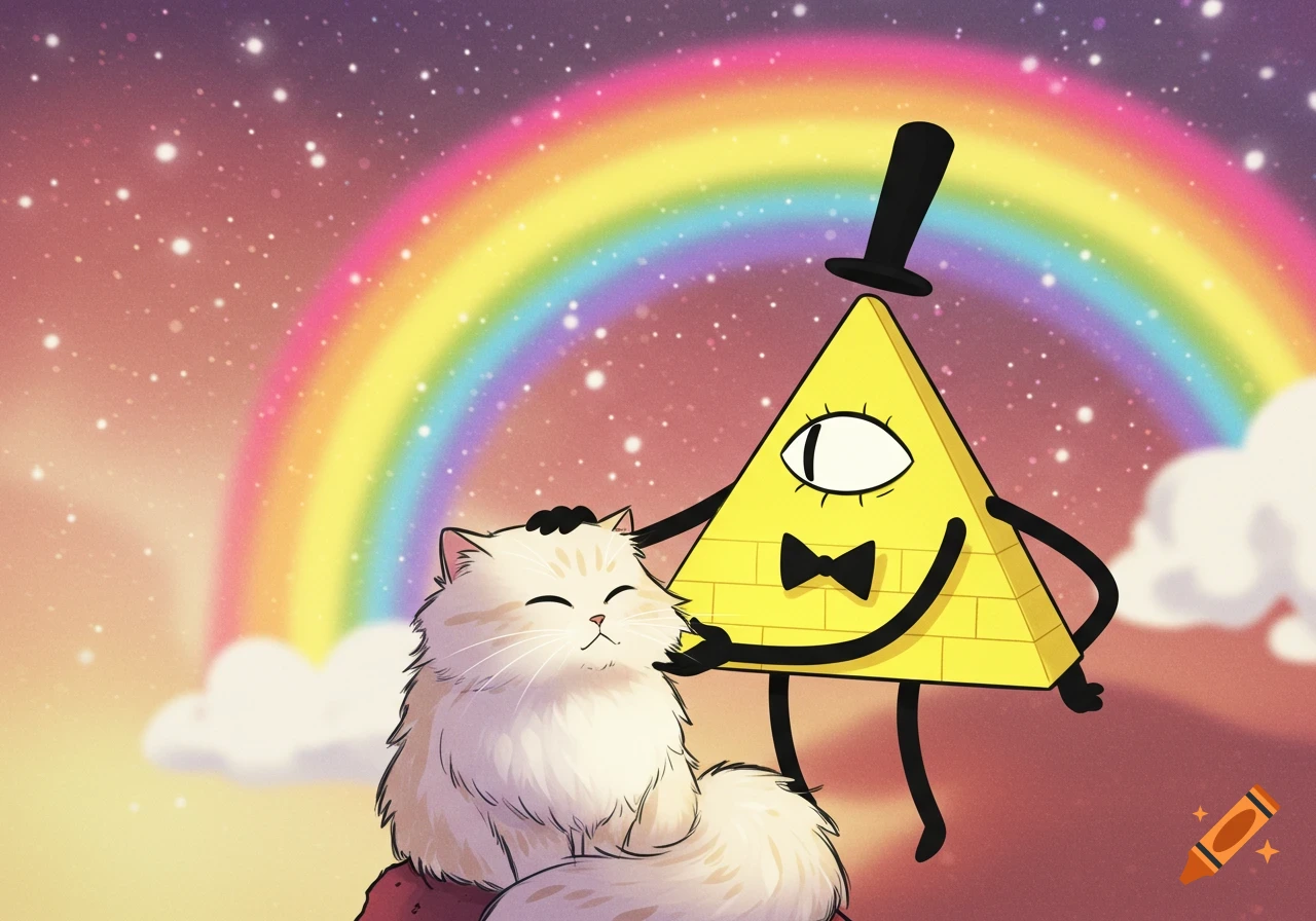 Bill Cipher petting a white cat under a rainbow and starry sky in a cartoon style.