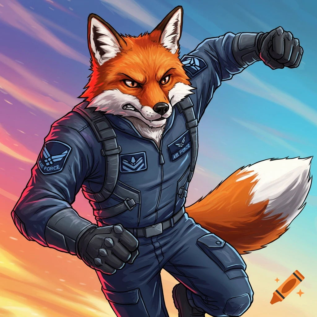 An anthropomorphic fox in an Air Force uniform punching with a determined expression.