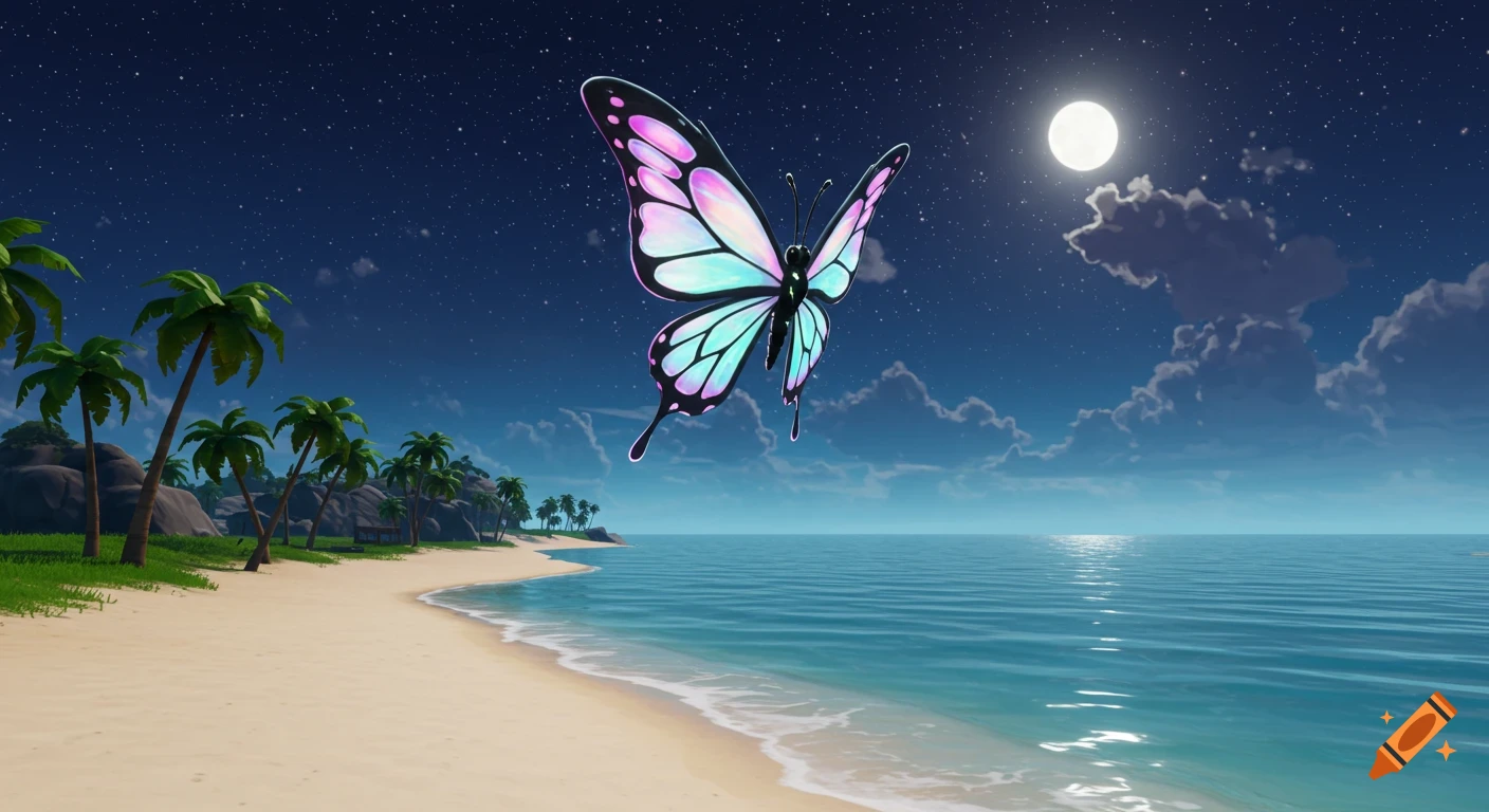 A large, colorful, stylized butterfly flies over a beach and ocean at night with palm trees and a full moon.