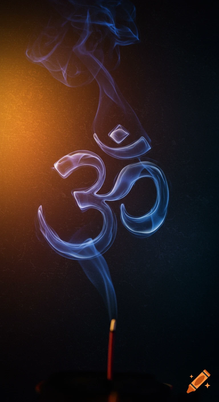 Incense smoke forming an Om symbol on a dark background with orange light.