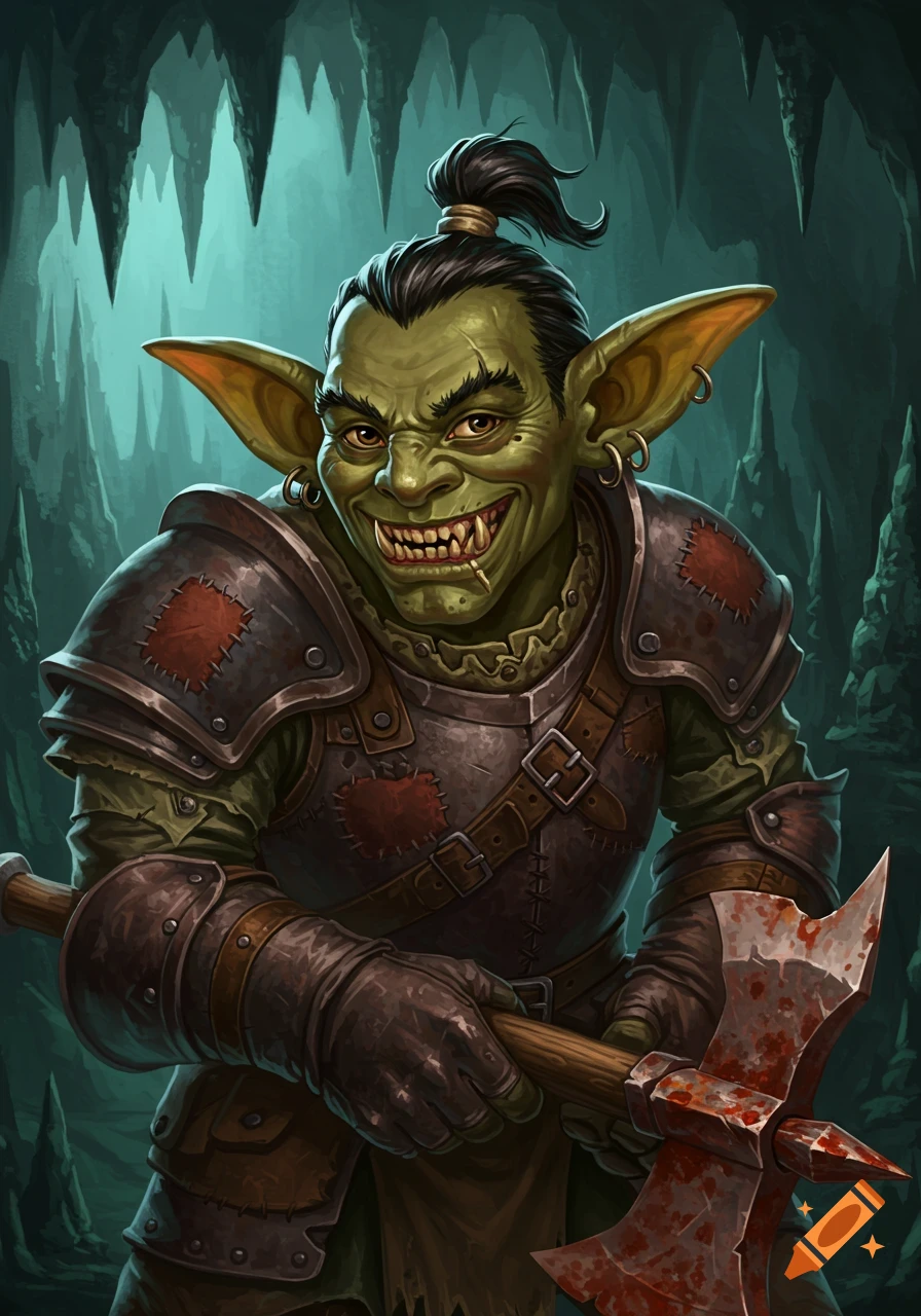 Illustration of a hobgoblin holding a bloody axe in a cave