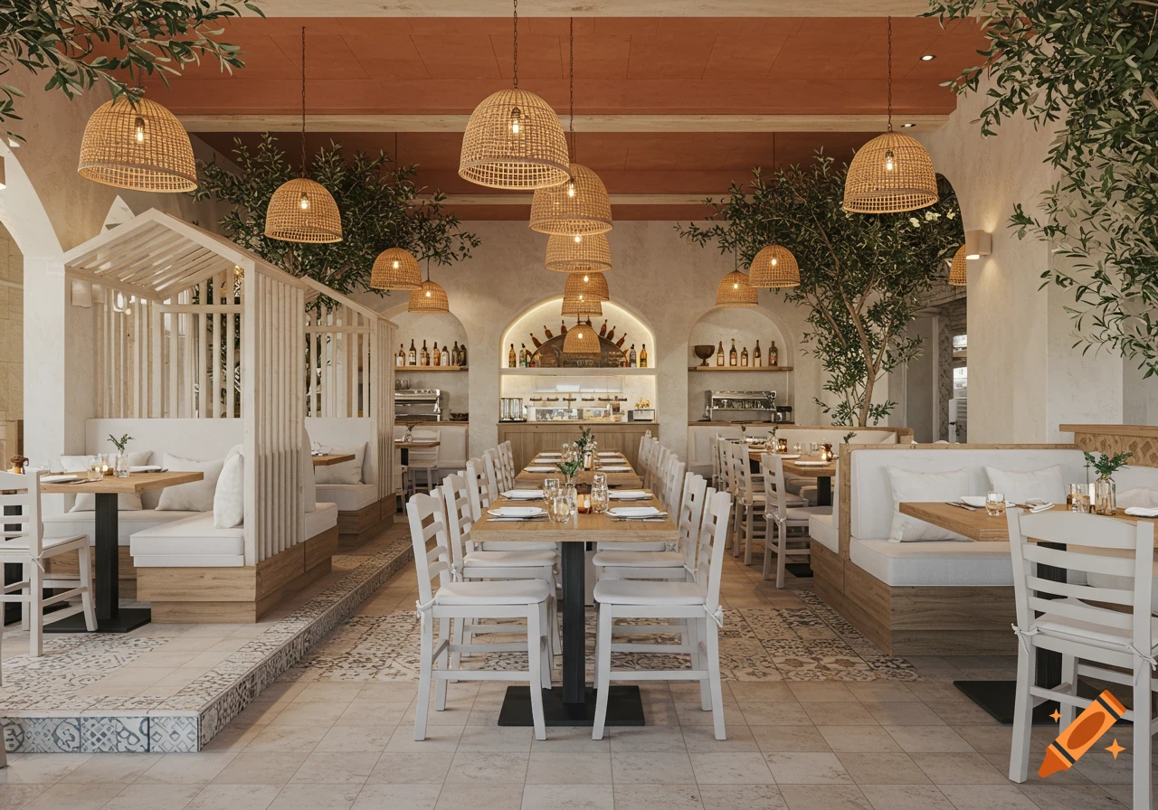 Interior of a Mediterranean Greek restaurant with wooden furniture, white cushions, rattan lights, and olive trees