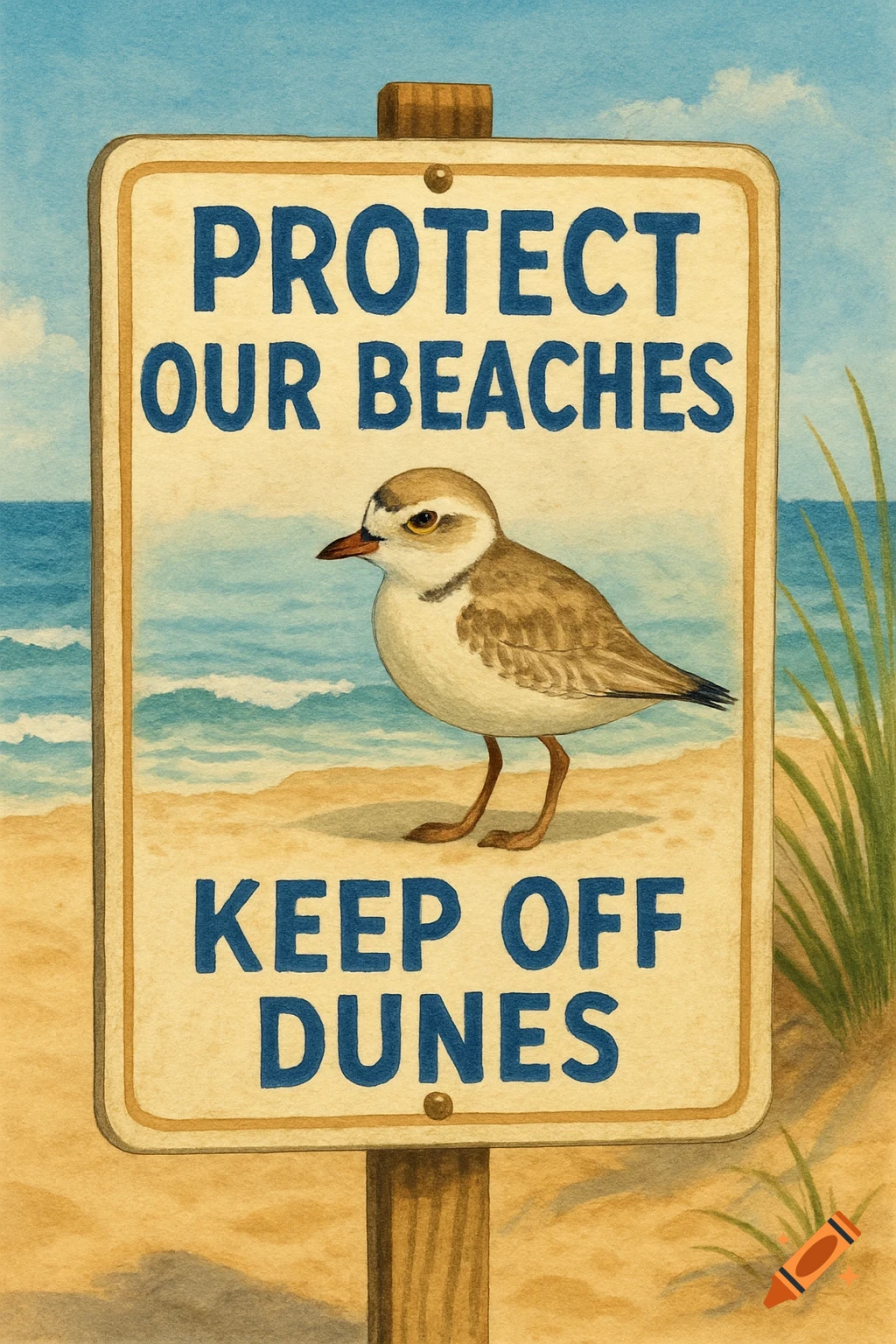 Watercolor painting of a sign on a beach with a piping plover that reads 'PROTECT OUR BEACHES KEEP OFF DUNES'
