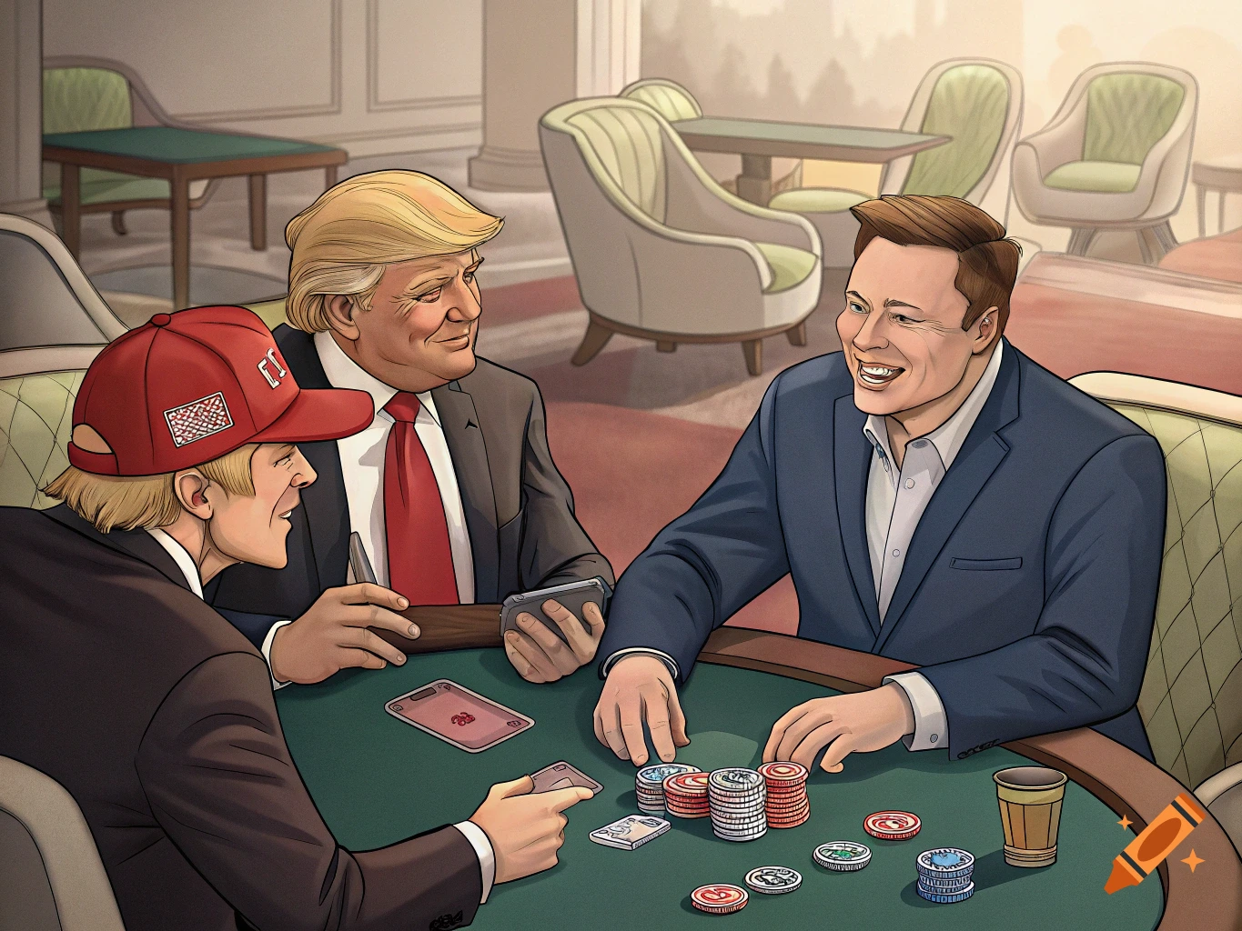 Cartoon of Donald Trump, Elon Musk, and another man playing poker at a table.