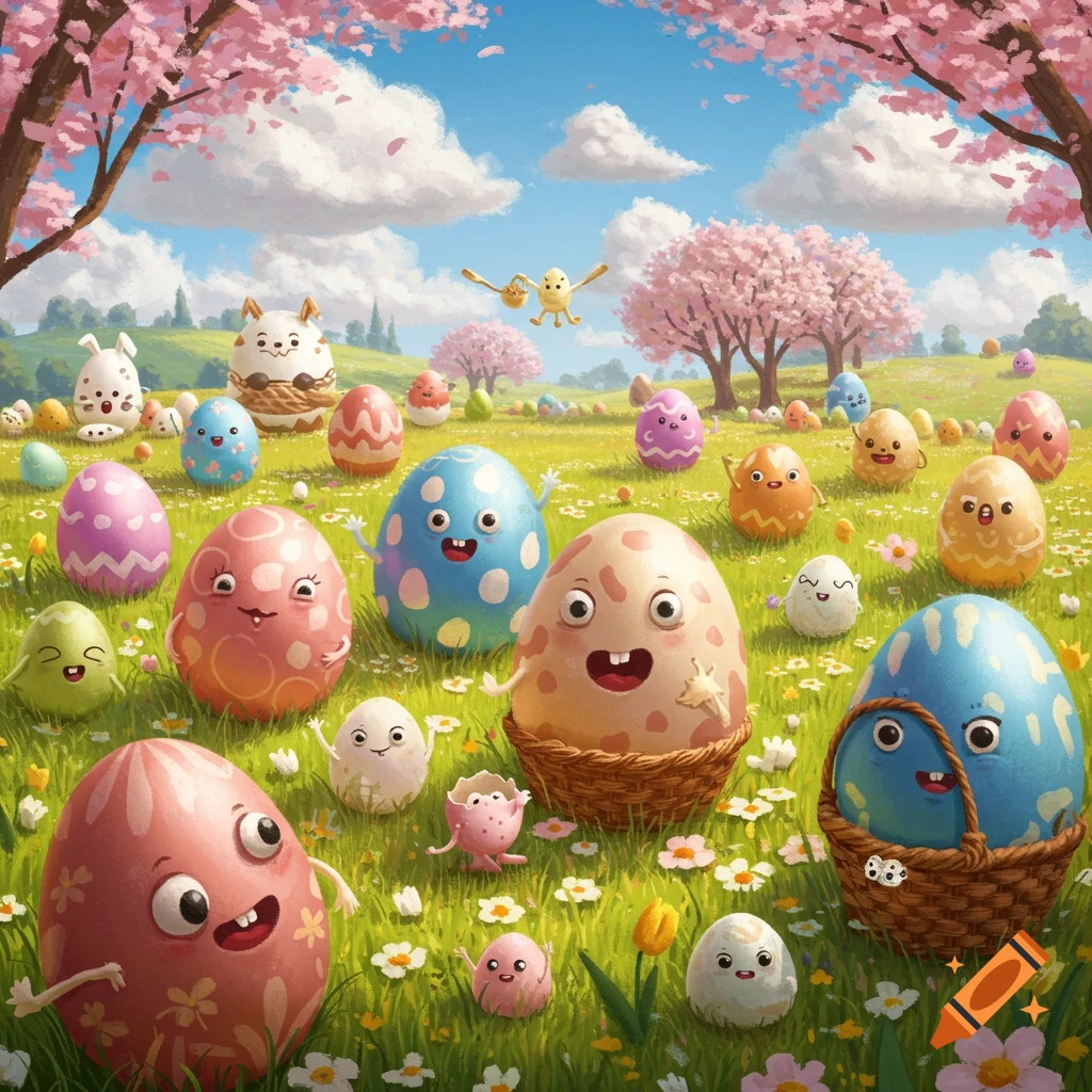 A field full of cartoon Easter eggs with faces and limbs, an Easter bunny egg, and birds, under pink cherry blossom trees.