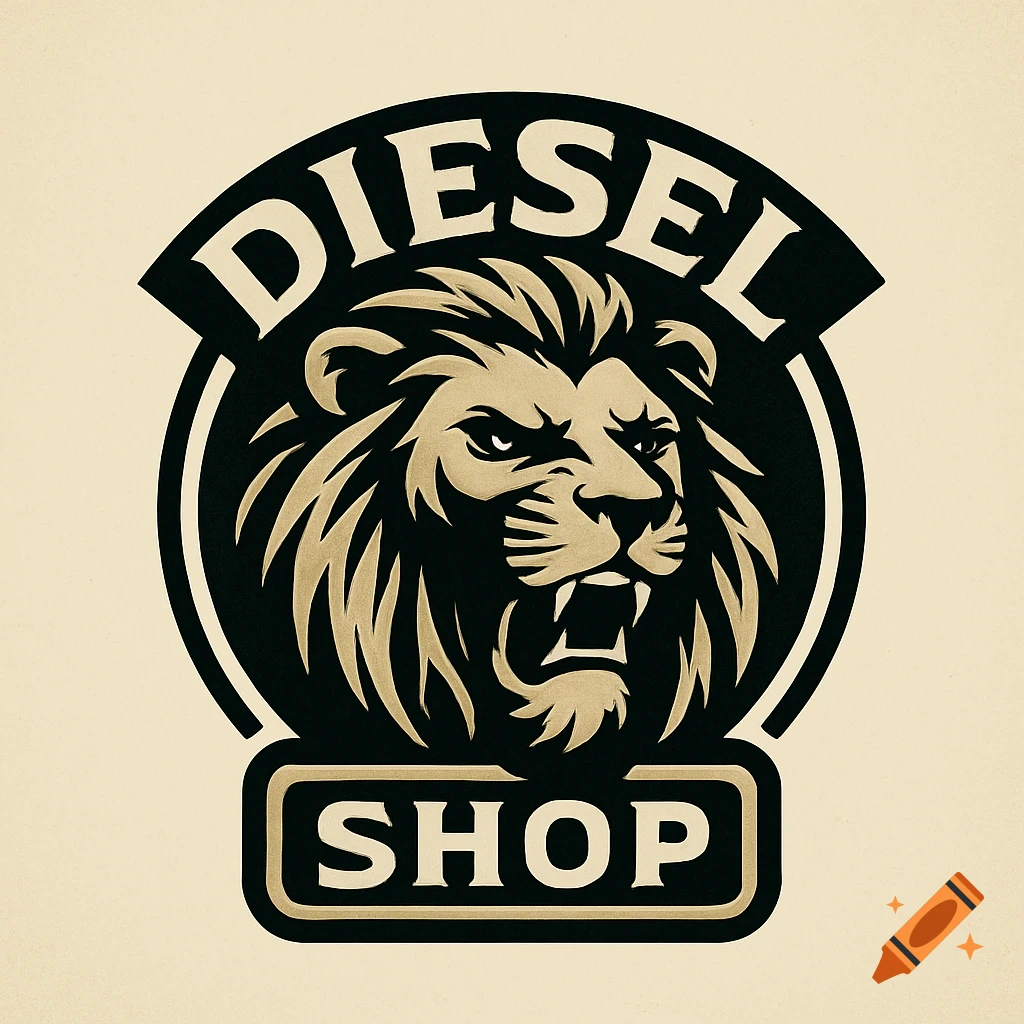 A black and gold logo featuring a lion's head and the words DIESEL SHOP.