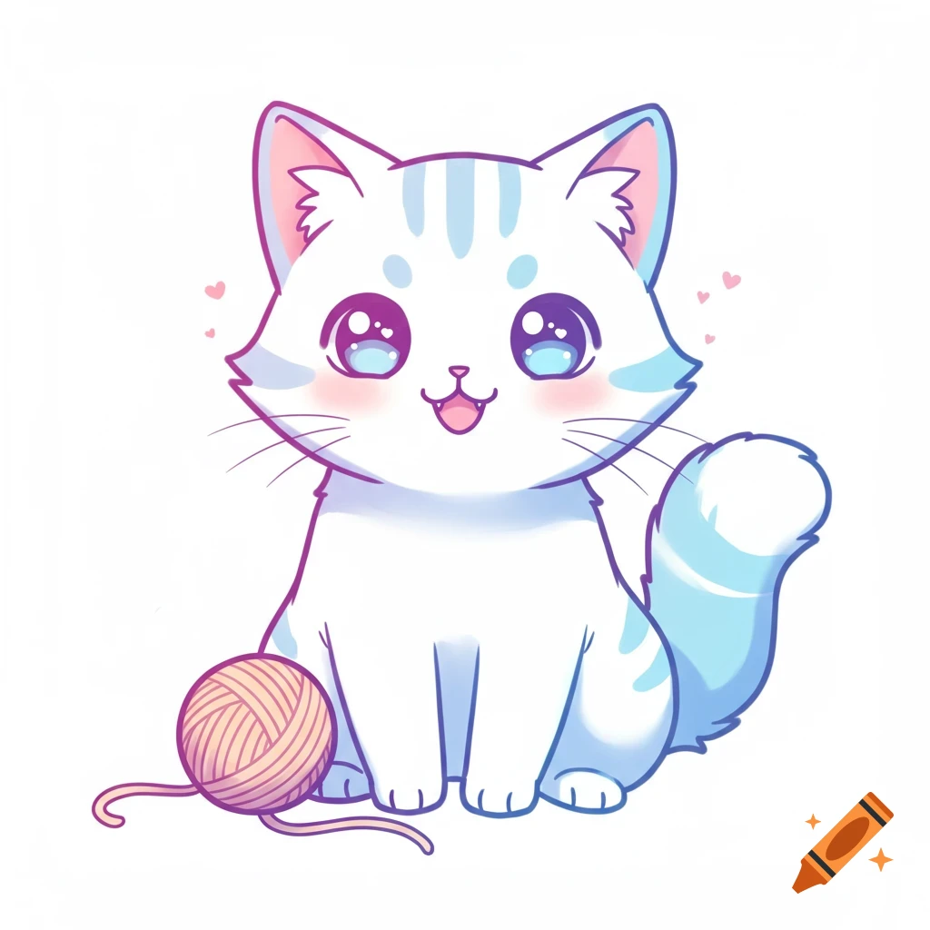 An anime style vector illustration of a cute white cat with blue stripes and big eyes playing with a ball of yarn.