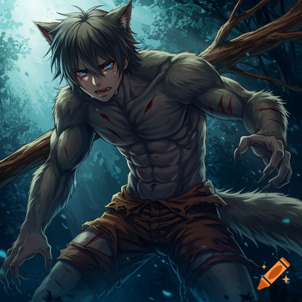Anime style image of a muscular werewolf boy with blue eyes and scratches, standing in a forest.