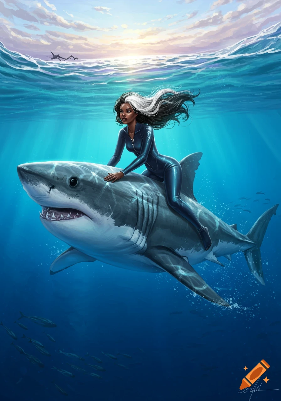 A woman rides a great white shark underwater in a digital painting.