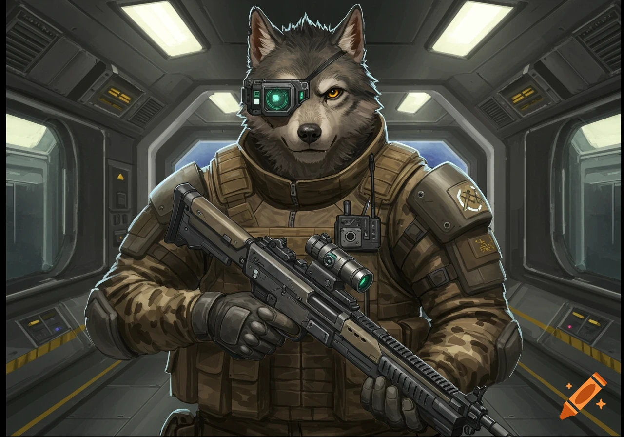 A bipedal wolf man in futuristic soldier gear with a targeting visor holds a battle rifle in a spaceship interior.