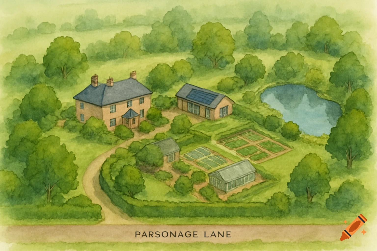 Hand-drawn farmstead layout showing the house, barn, greenhouse, orchard, pond, and fields