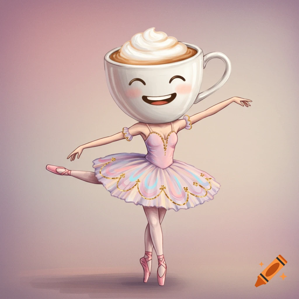 A cute illustration of a ballerina character with a coffee cup for a head, dancing on one leg.