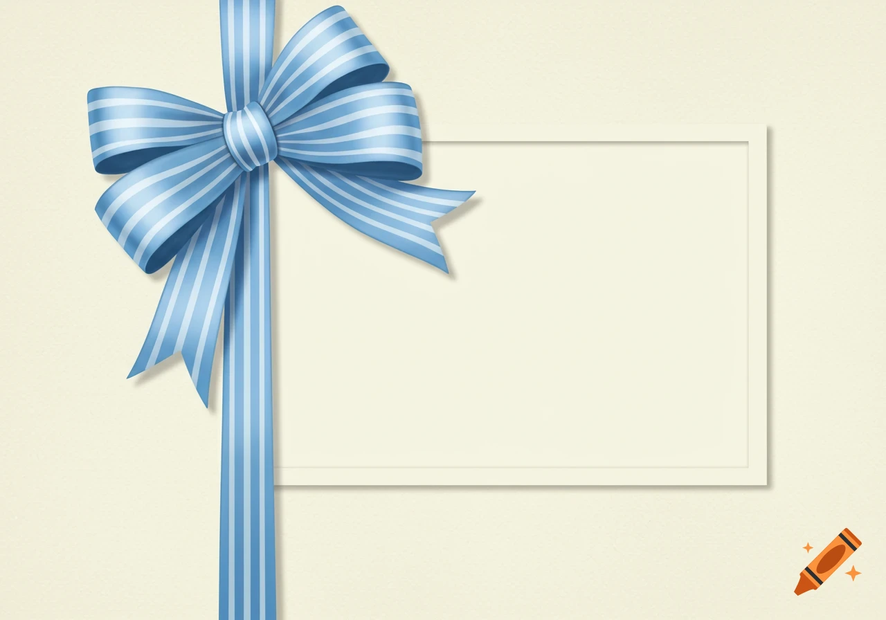A light blue striped ribbon bow on the left, framing a blank white card on a cream background.