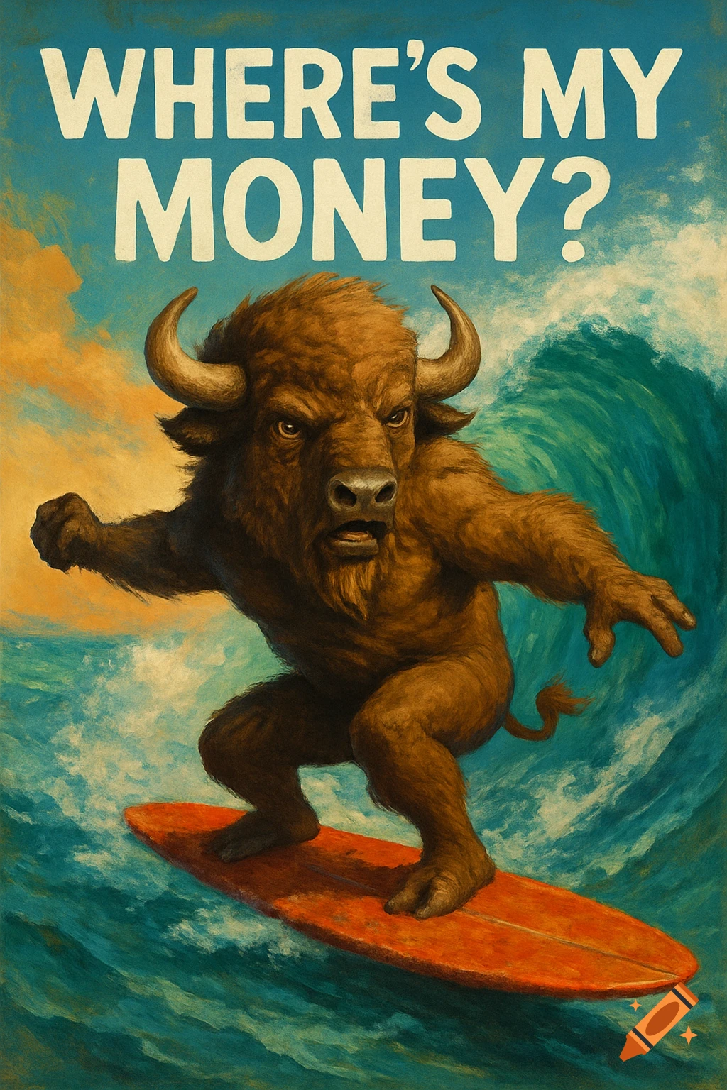 A buffalo surfs on a wave beneath the words 'WHERE'S MY MONEY?' in a vintage poster style.