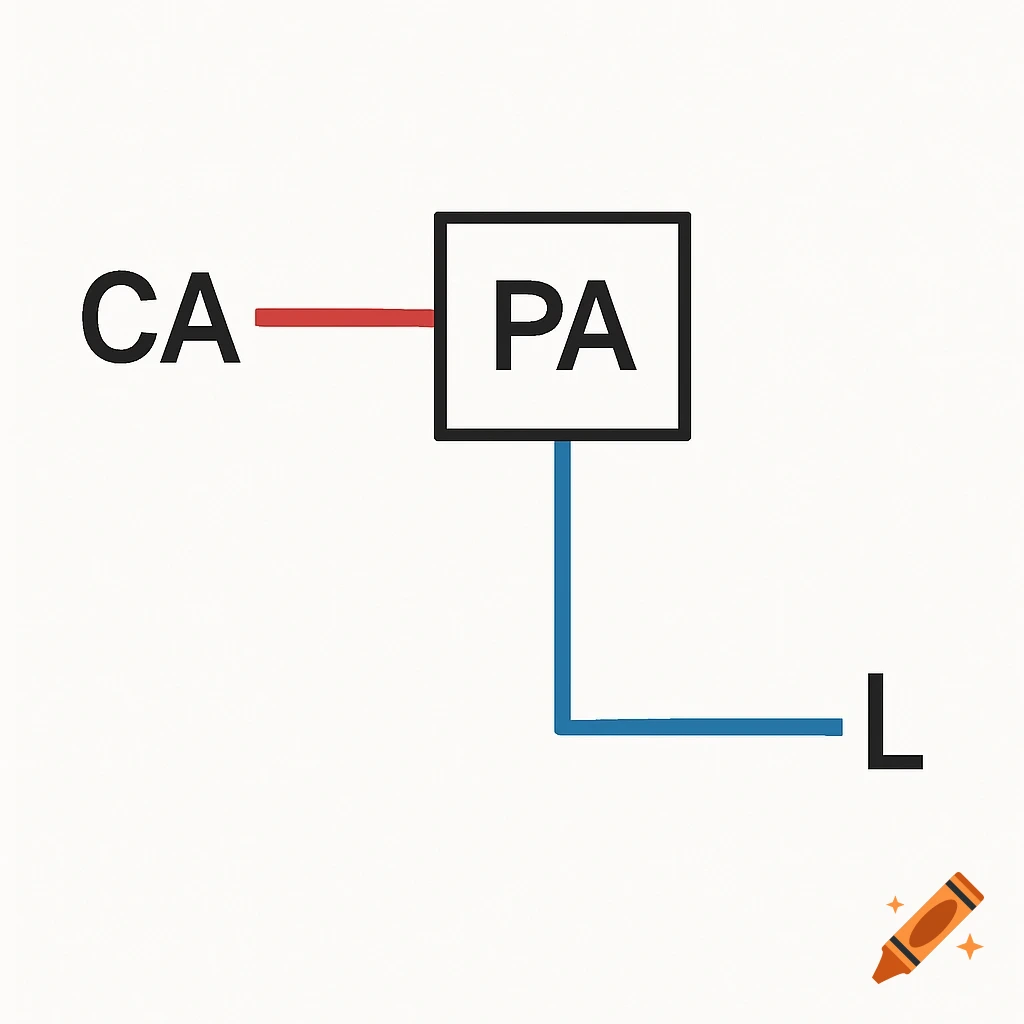 Technical diagram with 'CA' connected to 'PA' via a red line and 'L' connected to 'PA' via a blue line.