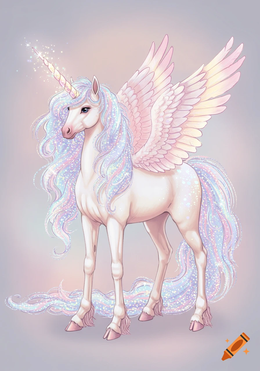 An illustration of a sparkly white unicorn with iridescent mane, tail, and wings.