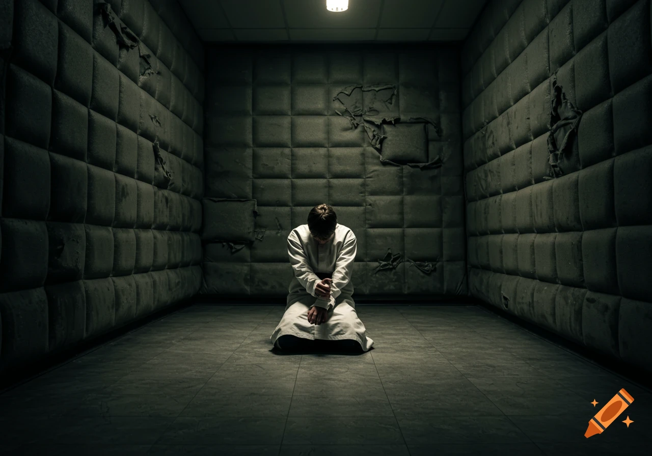 A person in a white garment kneels on the floor of a padded room, looking down.