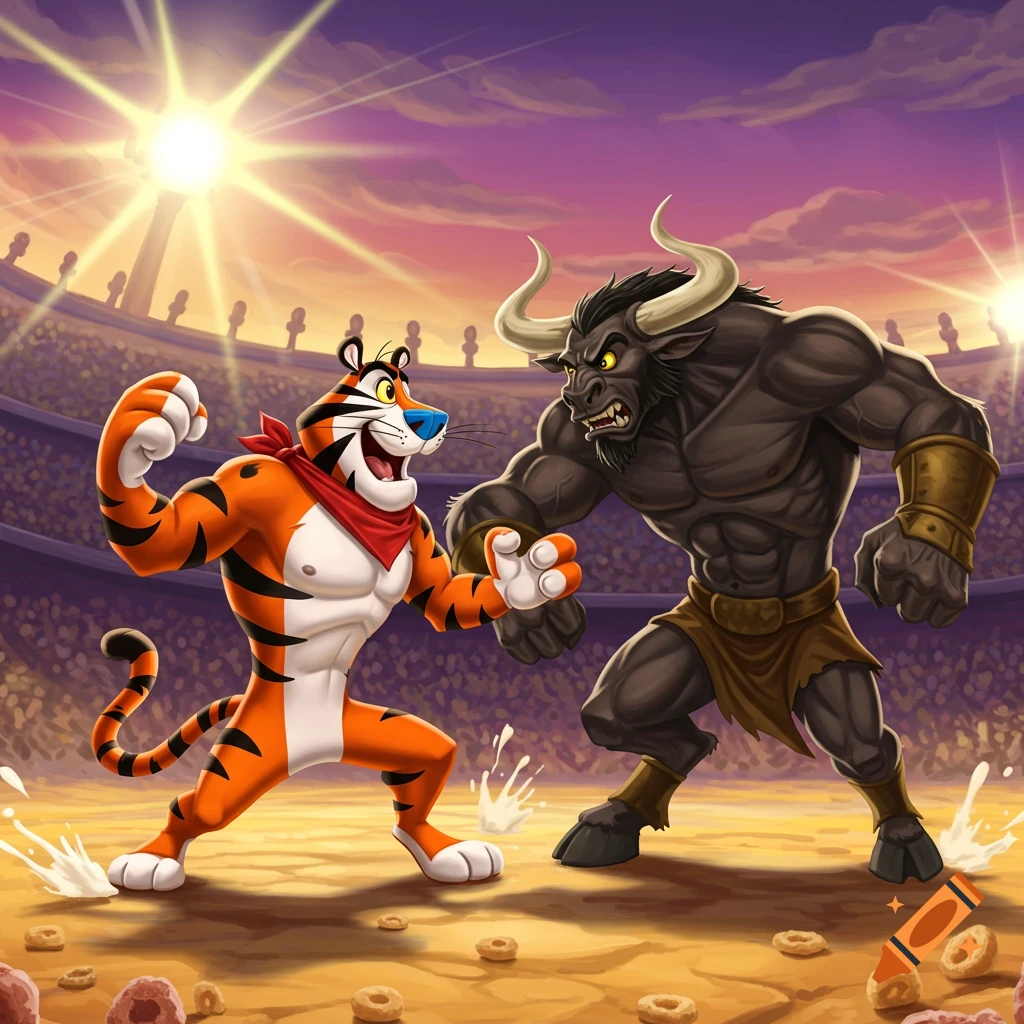Cartoon tiger and minotaur face off in an arena with milk splashing and cereal pieces on the ground.