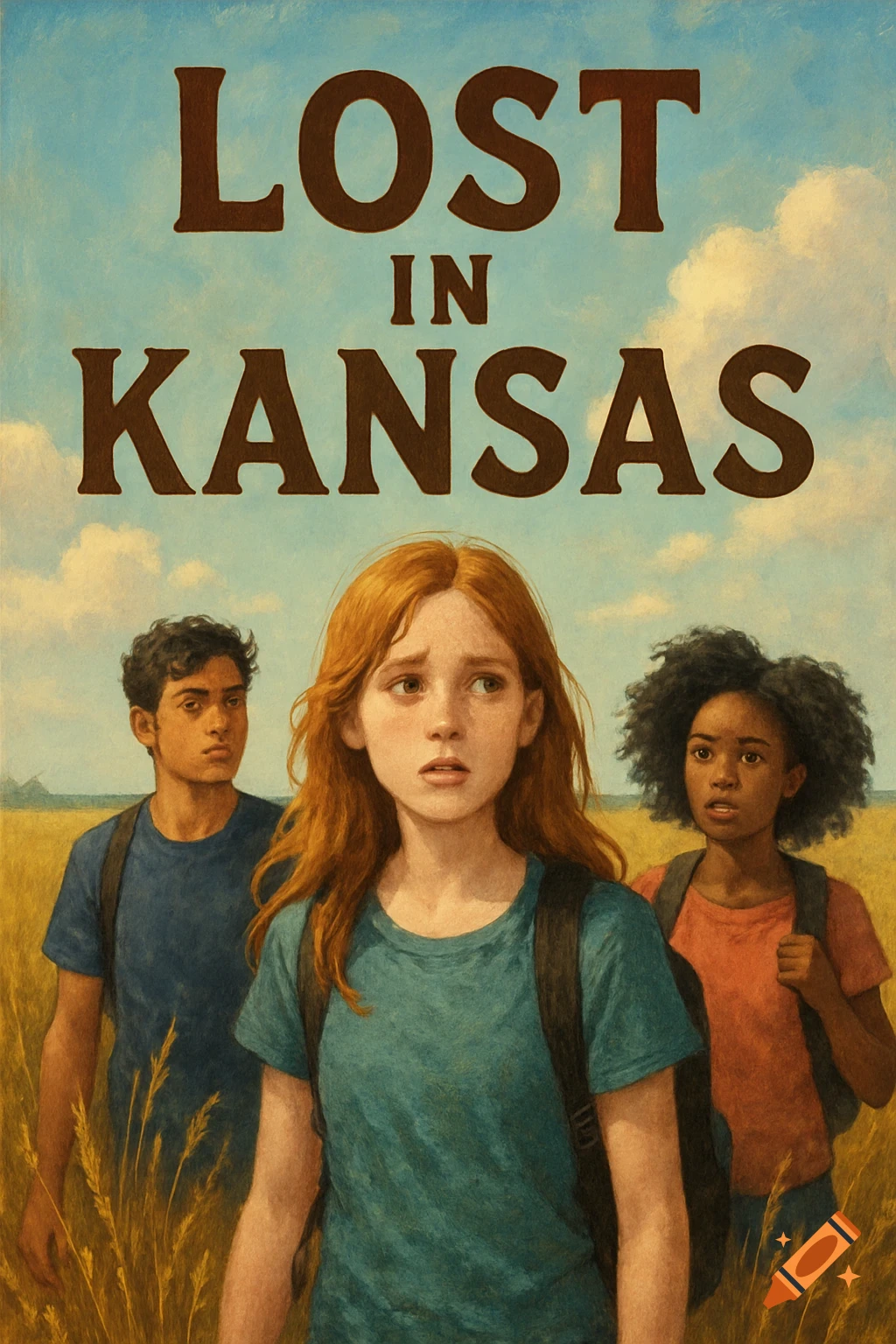 Book cover titled "LOST IN KANSAS" showing three teenagers looking worried in a field under a cloudy sky