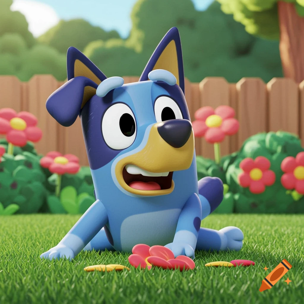 A 3D animated Bluey sitting in a grassy backyard with red flowers.