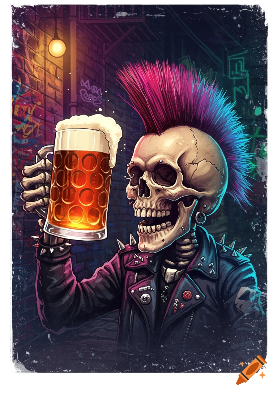 Stylized illustration of a punk rock skull holding a beer in a gritty urban alleyway.