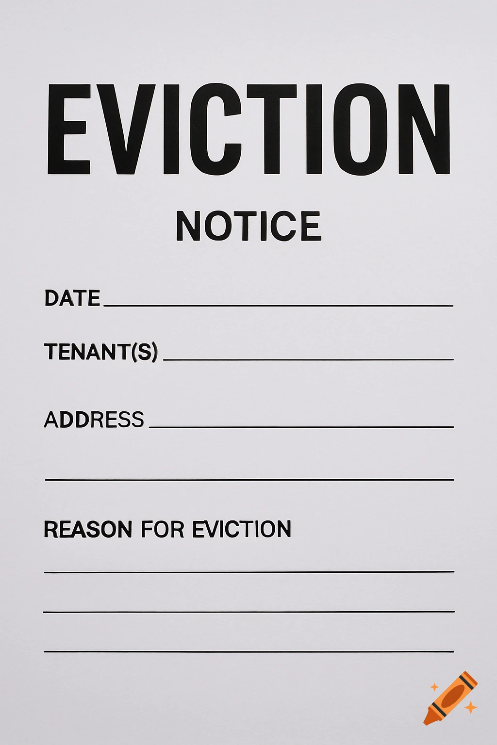 A close-up photograph of a simple eviction notice form with fields for date, tenant(s), address, and reason for eviction.