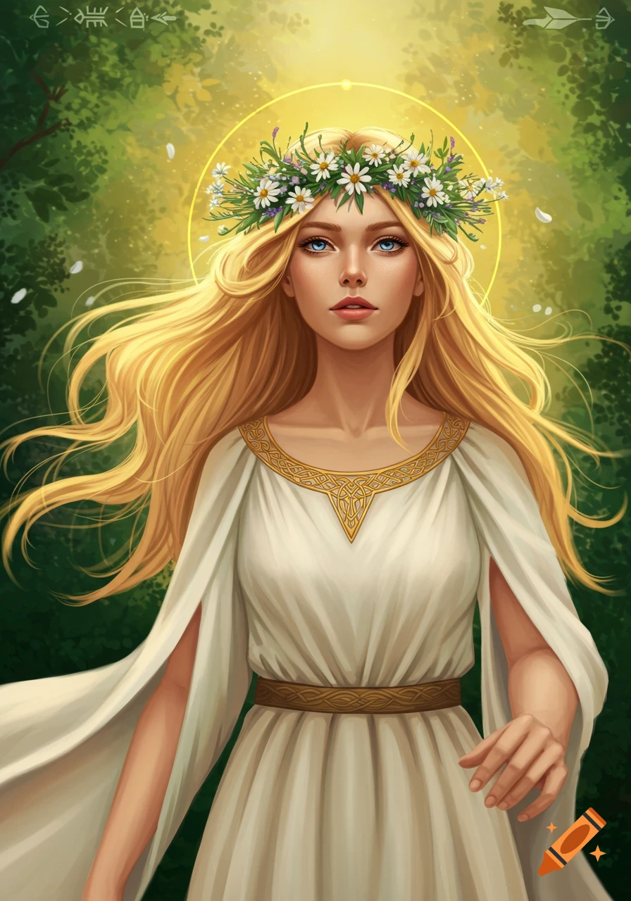 A blonde woman wearing a flower crown, white dress, and golden halo stands in a forest.