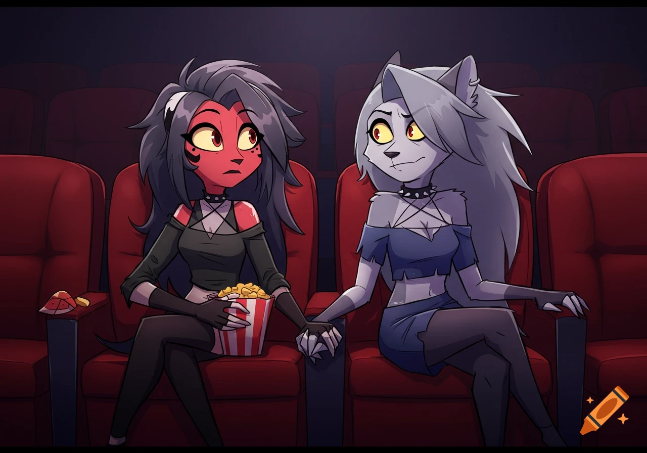 Cartoon style image of Millie and Loona from Helluva Boss holding hands in a movie theater with popcorn.