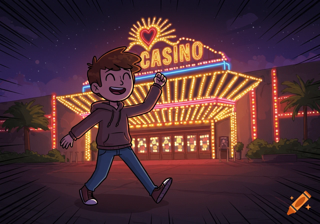 A smiling cartoon boy walks towards a brightly lit casino at night.