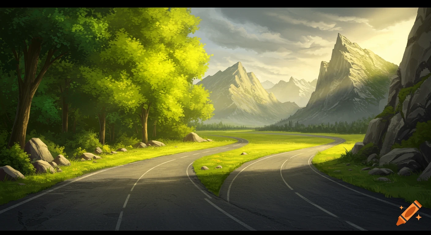An illustration of a road splitting in a green mountain landscape with trees and dramatic clouds.
