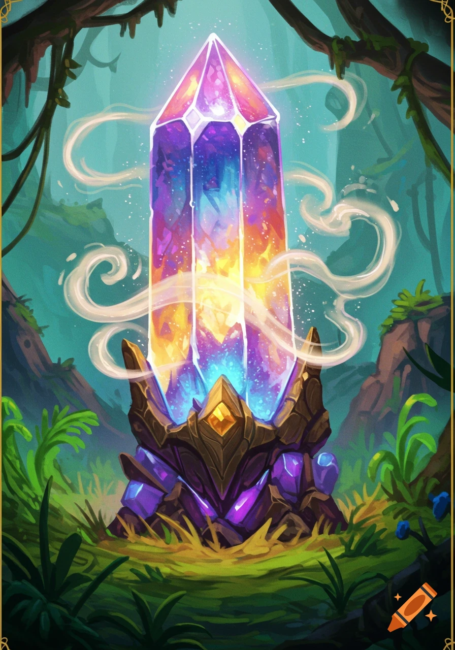 Colorful crystal on a stone base in a jungle with swirling mist