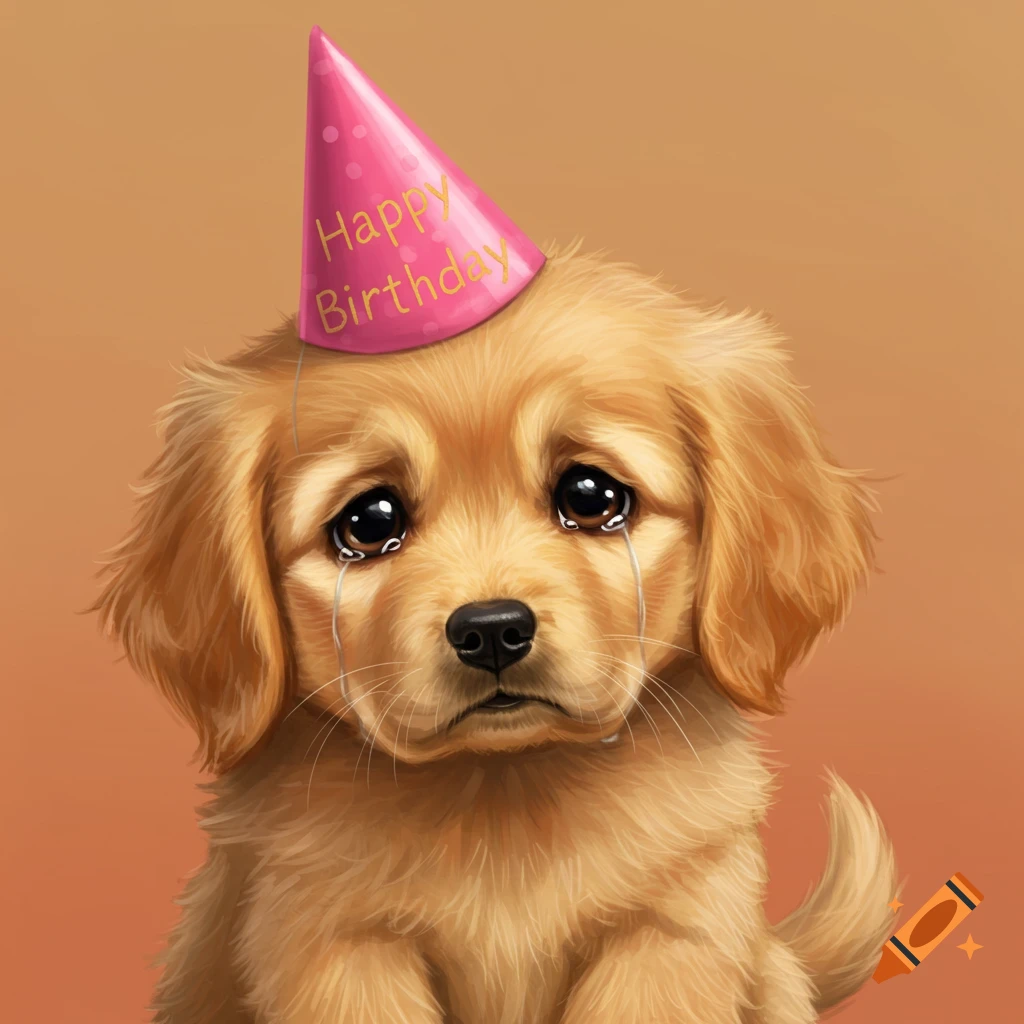 Illustration of a crying golden retriever puppy wearing a pink birthday hat with 'Happy Birthday' on it.