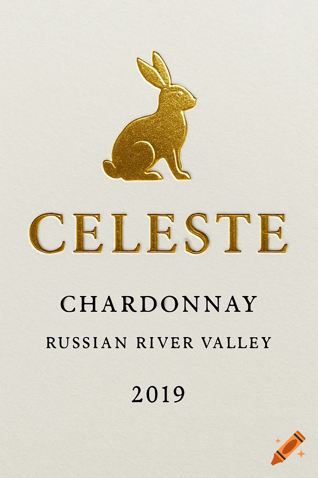 Wine label with gold rabbit emblem and text 'Celeste Chardonnay Russian River Valley 2019' on textured paper.