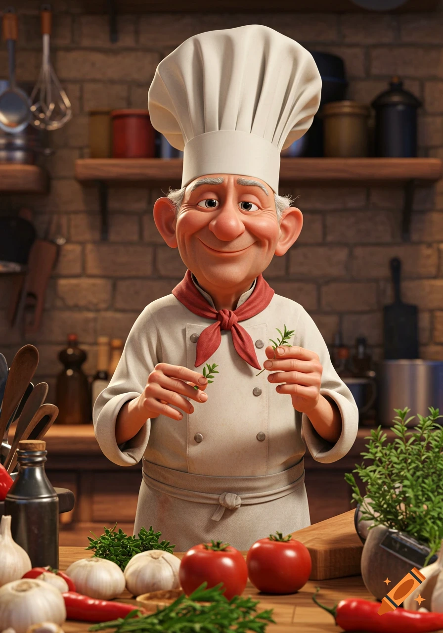 A cartoon chef holding herbs in a kitchen, in the style of Pixar.