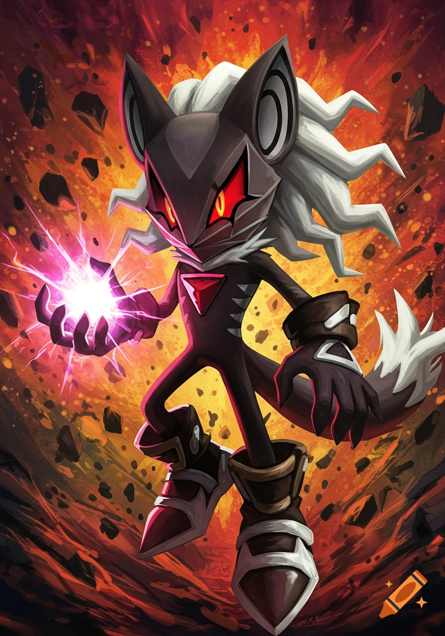 Infinite the Jackal casting a purple energy spell in a fiery debris-filled background