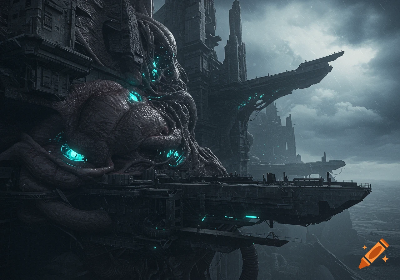 Dark sci-fi fortress with organic, alien structures and glowing eyes under a cloudy sky.