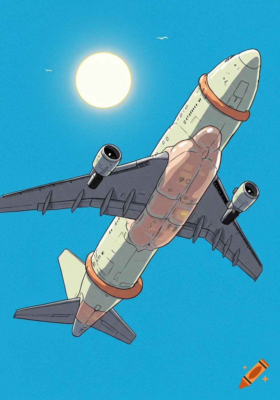 Illustration of a condom wrapped airplane flying in the sky.