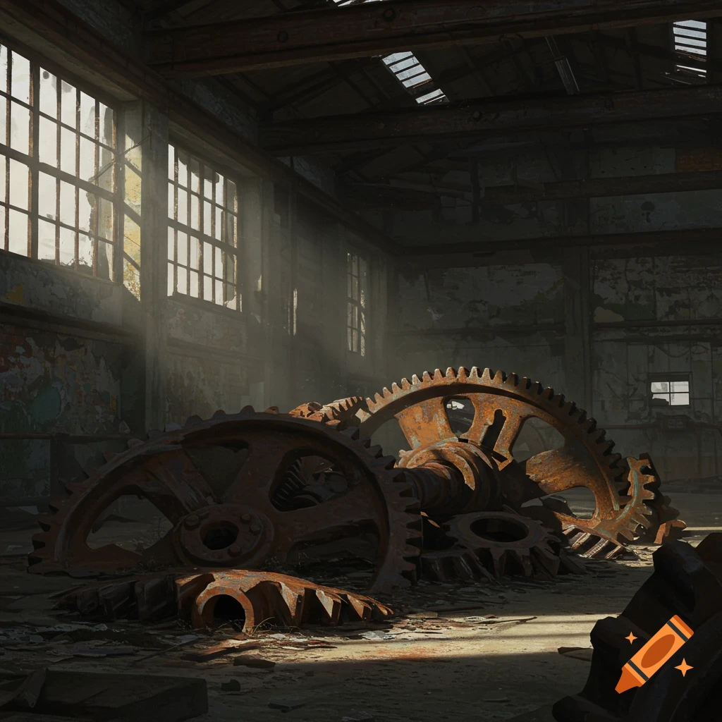 Rusty broken gears lie on the floor of an abandoned factory, illuminated by sunlight streaming through windows.