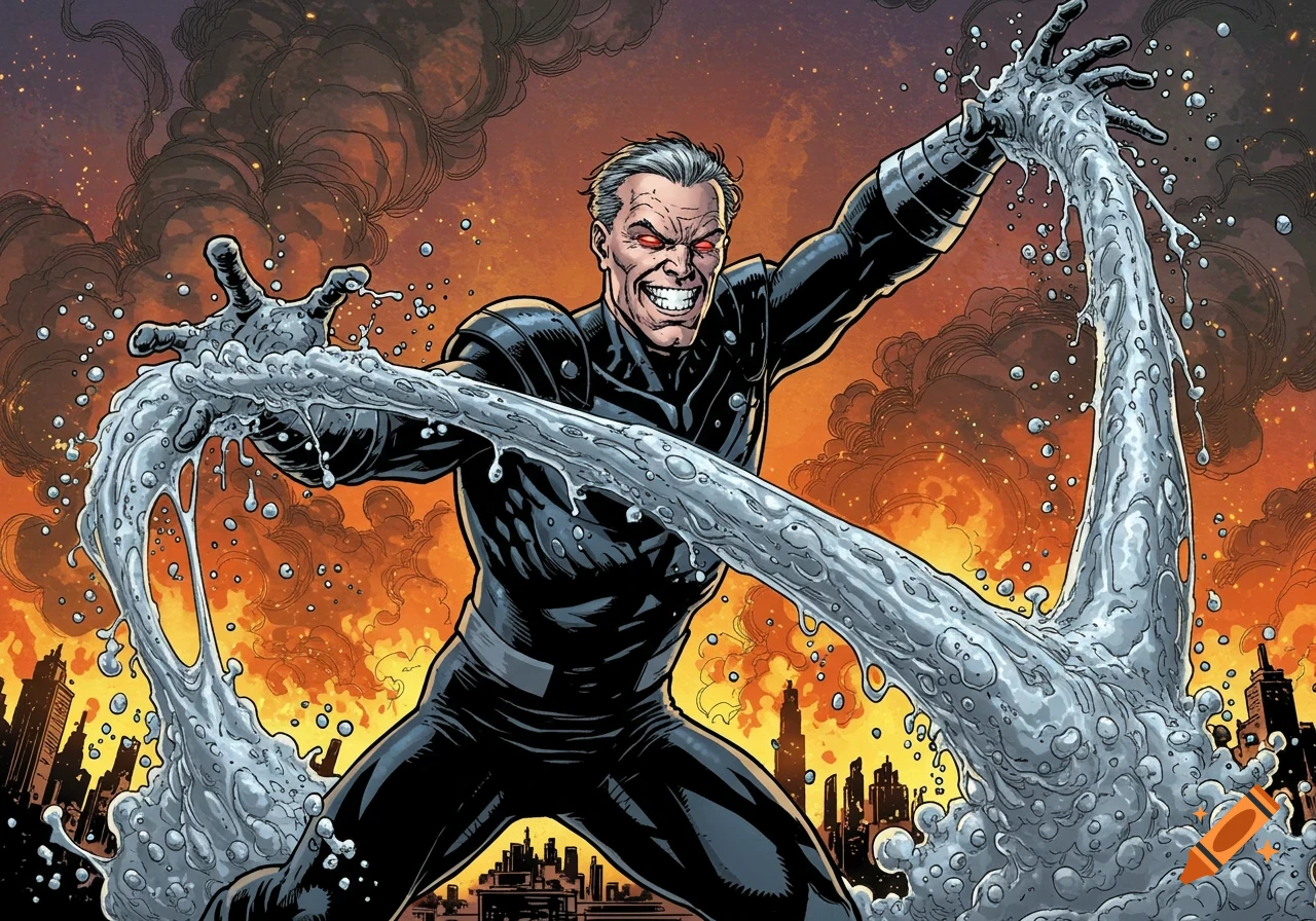 Comic style drawing of a villain shooting liquid from his hands over a burning city background.