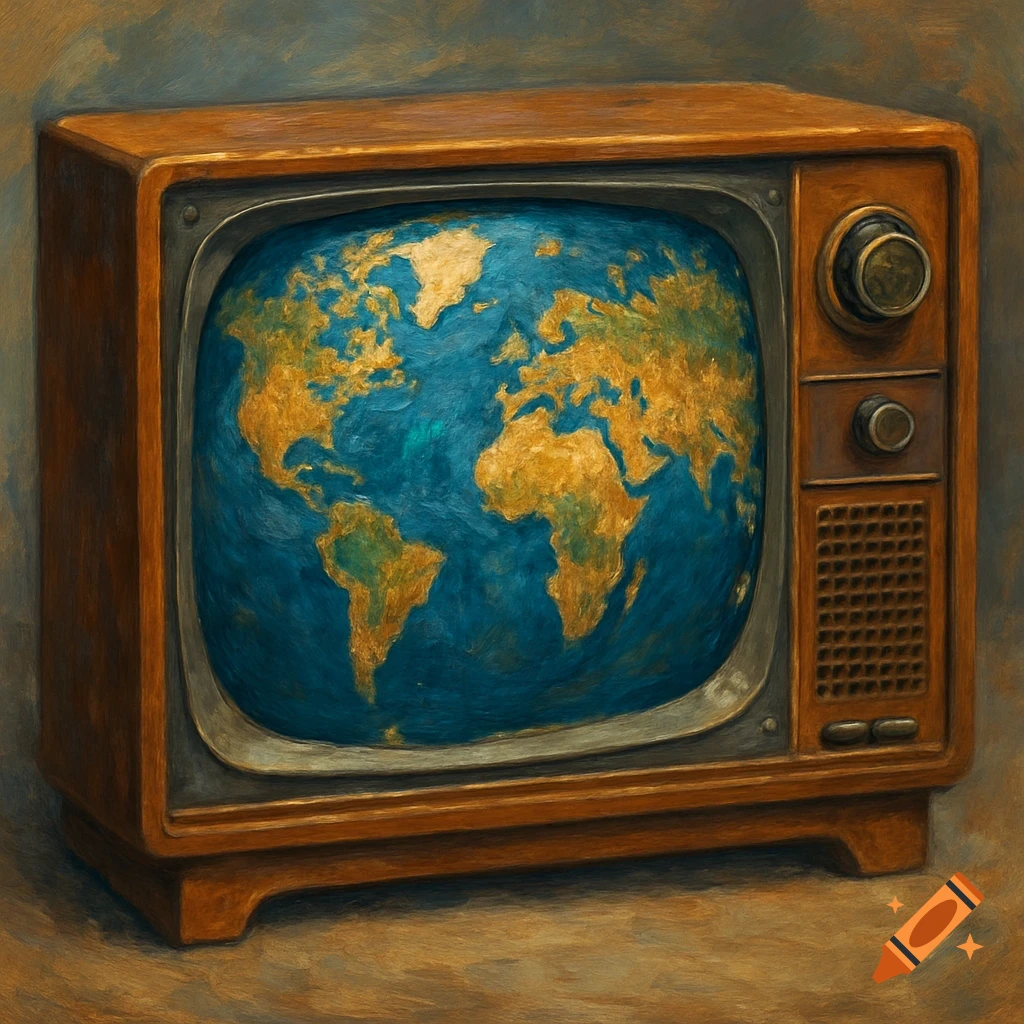 Painting of an old wooden television with a world map on the screen.